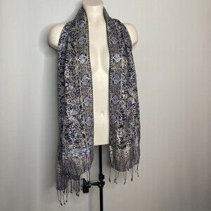 100% Silk Scarf Blue Floral Design Tassel Fringe 22"x66"
